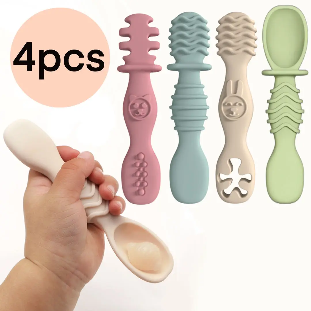 4pcs silicone baby food spoon, training spoon for babies over 6 months old, easy-to-grip tableware, Christmas gift