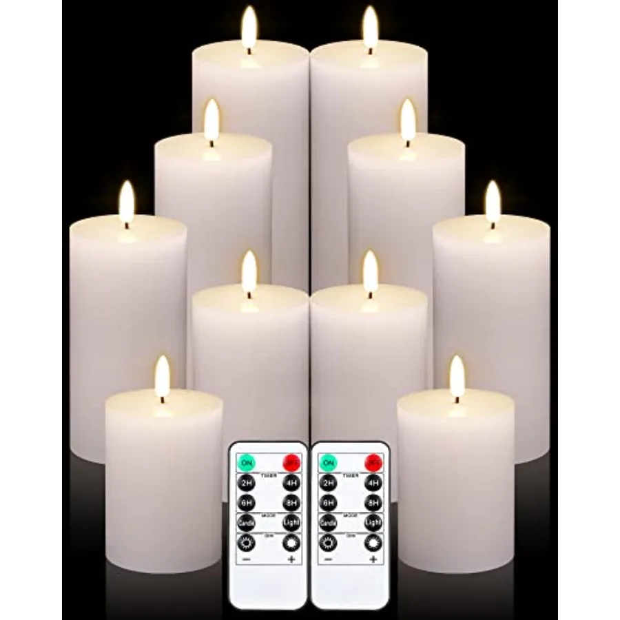 

10 Pcs LED Flameless Candles with Remote Battery Operated Flickering Pillar Candles Fake Electric with Timer White Flat Top for