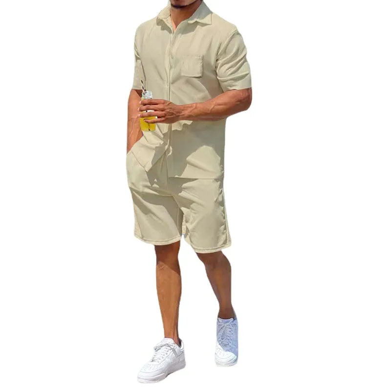 

Summer Casual Sport Suit Men's Linen ort Sve irt And ort Pants Loose Fit Lightweight Pure Color 2023 Cross-Border