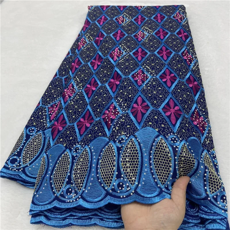 

5-ярдовая тяжелая вышивка бисером, африканская 100% хлопчатобумажная ткань премиум-класса, высокое качество, швейцарская вуаль, кружево, популярный стиль Дубая 12L29501