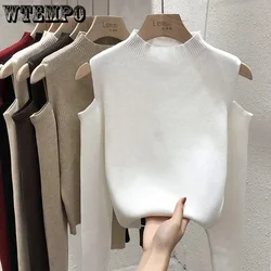 Off Shoulder Sweater Half High Neck Slim Knit Pullover Solid Color Women Long Sleeve Short Top Casual Harajuku Commuting Fall