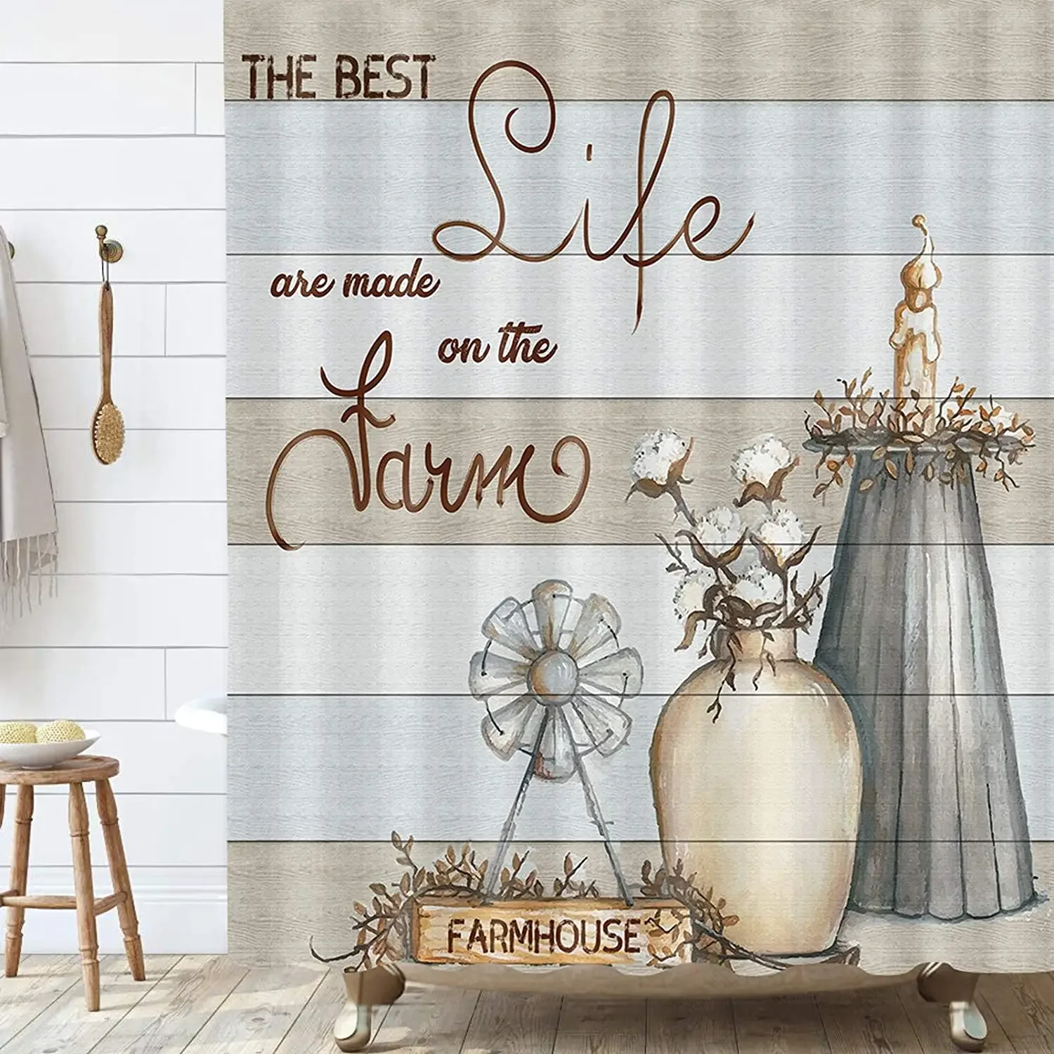 

Farmhouse Shower Curtain, The Best Life Windmill and Cotton Flower Pot Candlestick Fabric Shower Curtain
