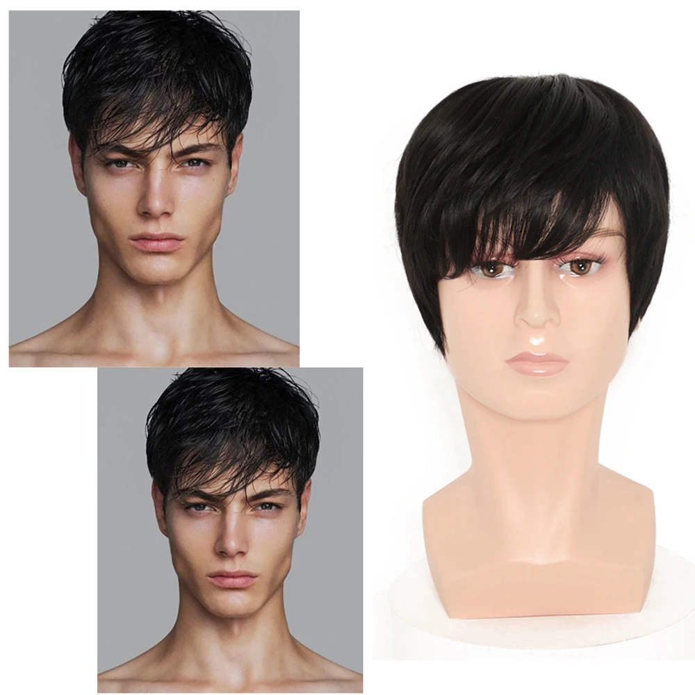 Men\'s Wigs Short Straight Mens Black Wig Cosplay Costume Heat Resistant Fiber Hair Synthetic Wigs For Men Male