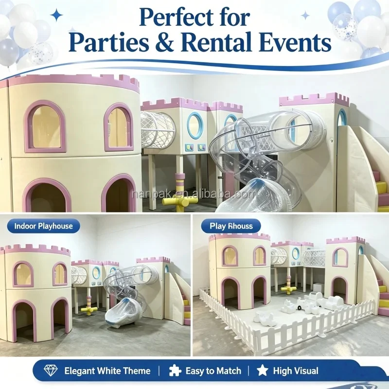 Dreamy Pastel CE Kids Soft Indoor Playground Equipment with Rotate Slide Role Play Climbing House for Play Cafe Mall Daycare