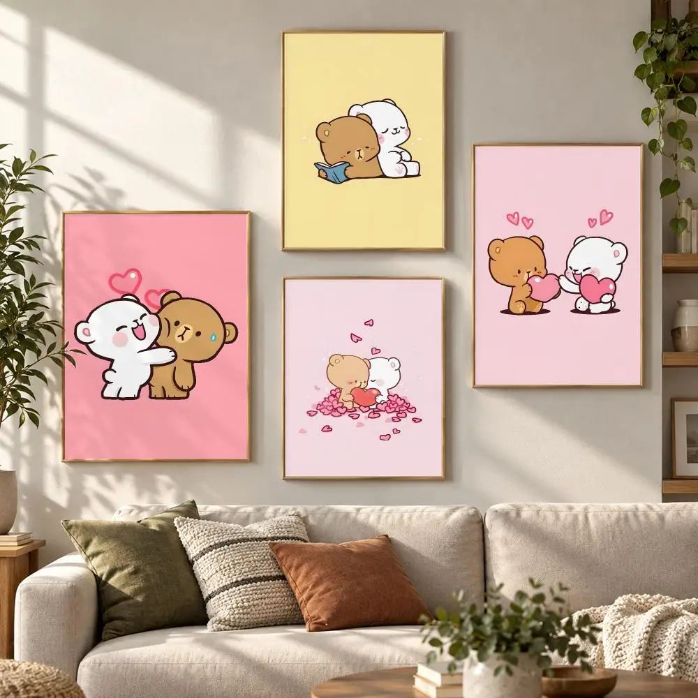 Milk & Mocha Cute Bear Couple Sweet Cartoon Series Poster Contemporary Wall Art Print for Bedroom & Living Room, Unframed