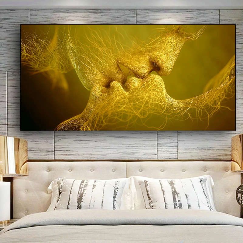 Golden And Black Love Kiss Oil Painting on Canvas Posters and Prints Cuadros Wall Art Pictures For Home Bedroom Living Room