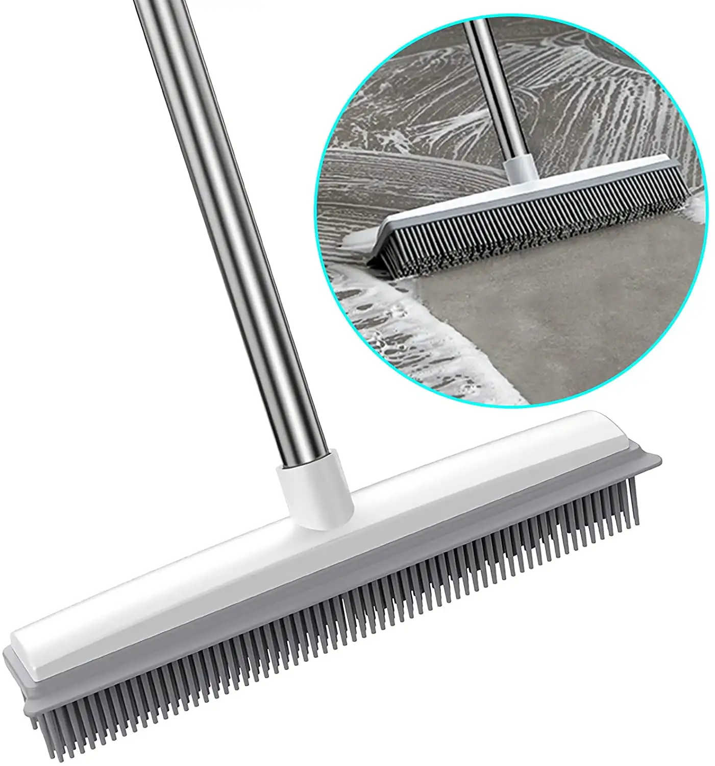 

Pet Hair Removal Rubber Broom, 47" Long Handle Floor Brush for Carpet, Gray