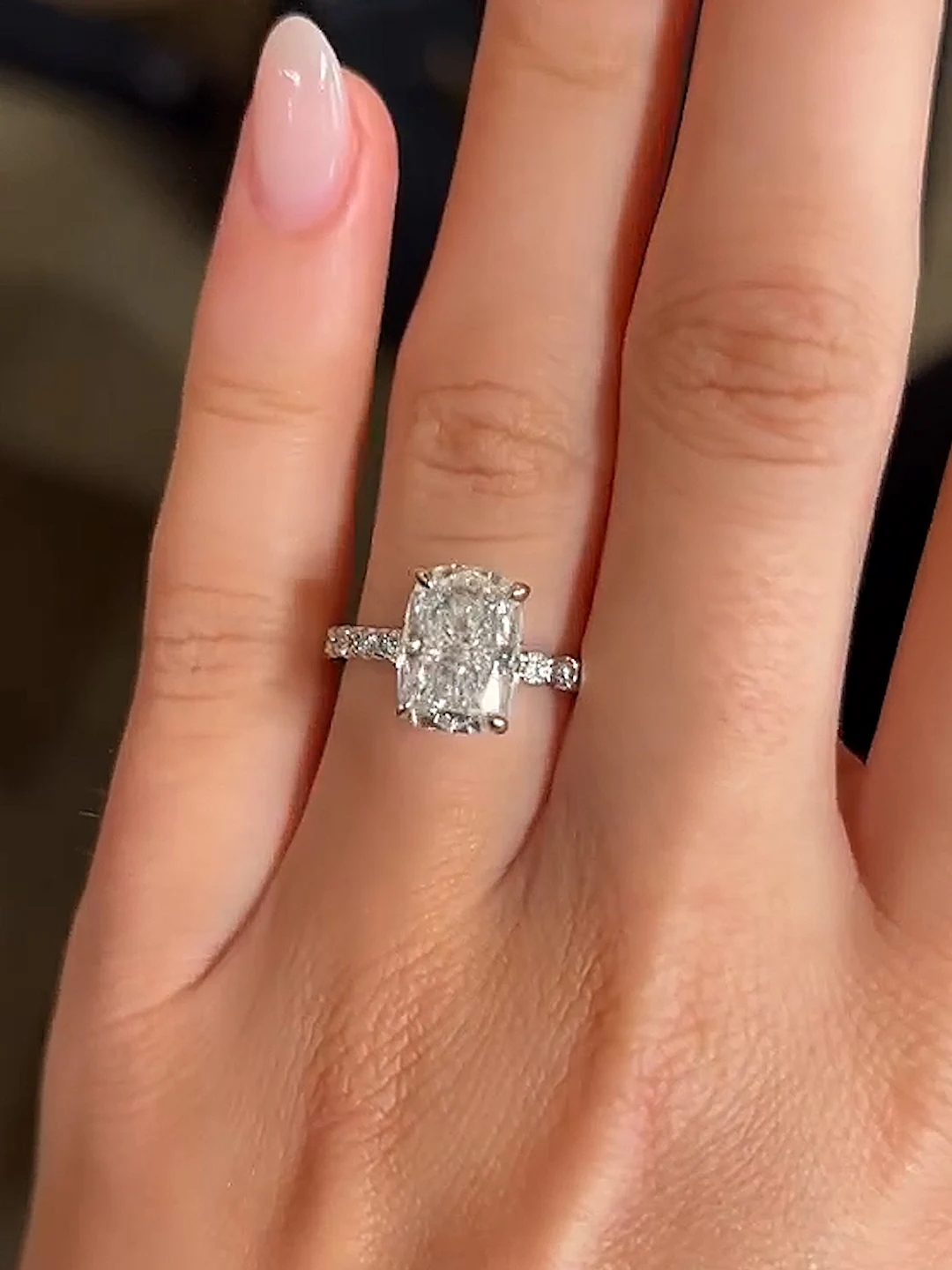 Crushed Ice Hybrid Cushion Cut 4CT Moissanite Engagement Ring, 10×7.5mm Center Stone, Solid 14K White Gold Fine Jewelry, Wedding Anniversary Bridal Gift For Women