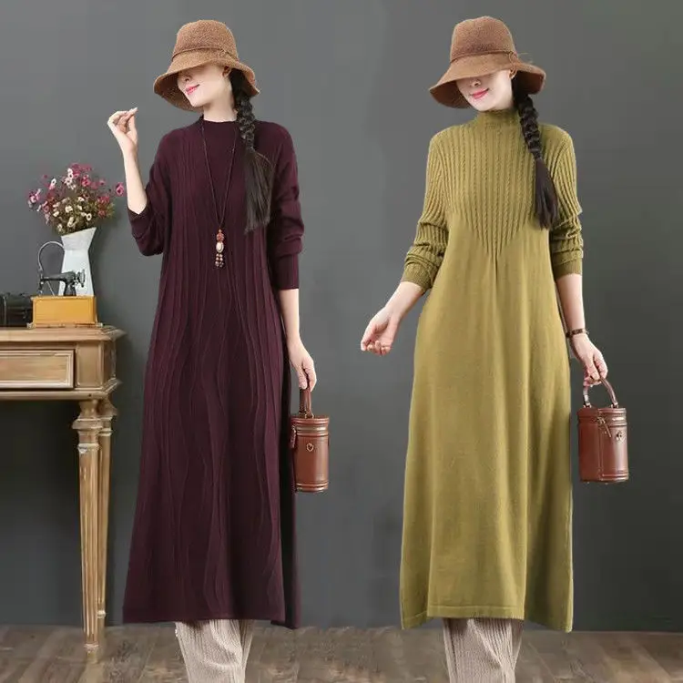 

Autumn Women Bodycon Knitted Dress Loose A-line Ladies Knit Sweater es Long Sleeve 2024 Pure Color Casual Midi B134