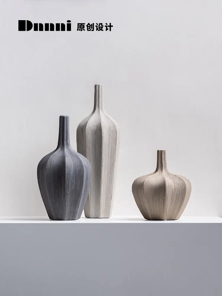 Brushed Pattern Thin Mouth Bottle Wabi-sabi Style Ceramic Vase Ornament Model Room Living Room Bedroom Desktop TV Cabinet
