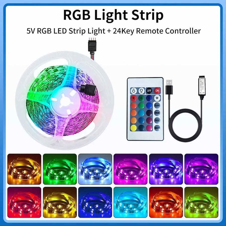 

USB Powered LED Strip Light 5V 5M RGB SMD5050 With IR 24 Key Remote Control 30/60 LEDs/M Flexible LED Tape Room Decor Backlights