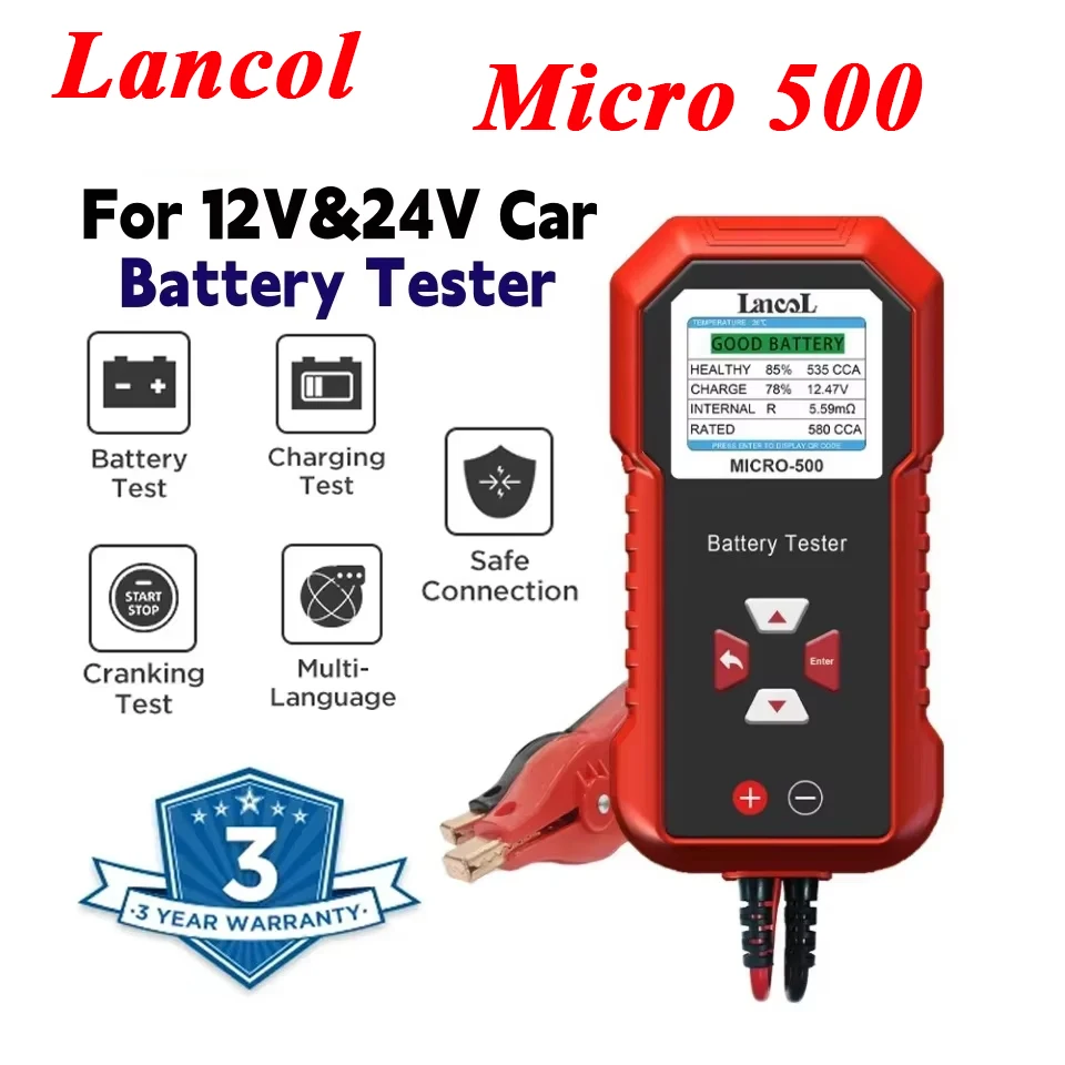 Lancol مايكرو 500 12 فولت 24 فولت جهاز اختبار بطارية السيارة 40-3000 CCA ليثيوم الرصاص الحمضية تحميل اختبار التحريك شحن اختبار محلل البطارية