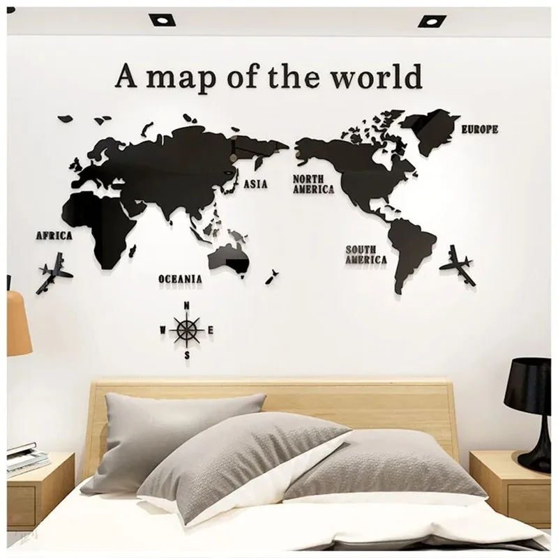 Personalized World Map Acrylic Wall Stickers Office Background Wall Three-dimensional Decals Fashion Home Decor Wall Stickers