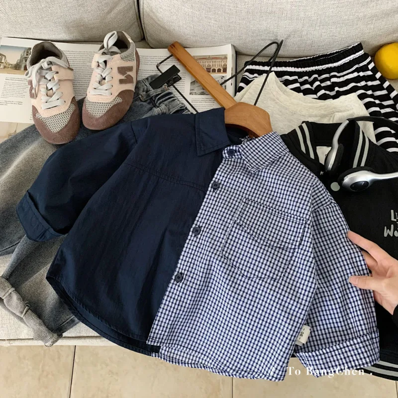 

202, осенне-зимняя хлопковая рубашка для мальчиков, детская толстовка с длинными рукавами, детская лоскутная рубашка с отложным воротником для детей 3-10 лет