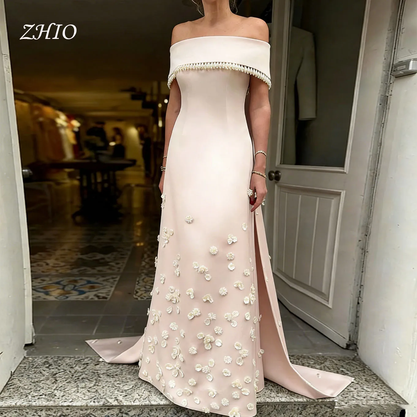 

ZHIO Luxurious Evening Dress Pearls Off the Shoulder Sequined Flowers Wedding Guest Gowns for Women A Lint Watteau Train Custom