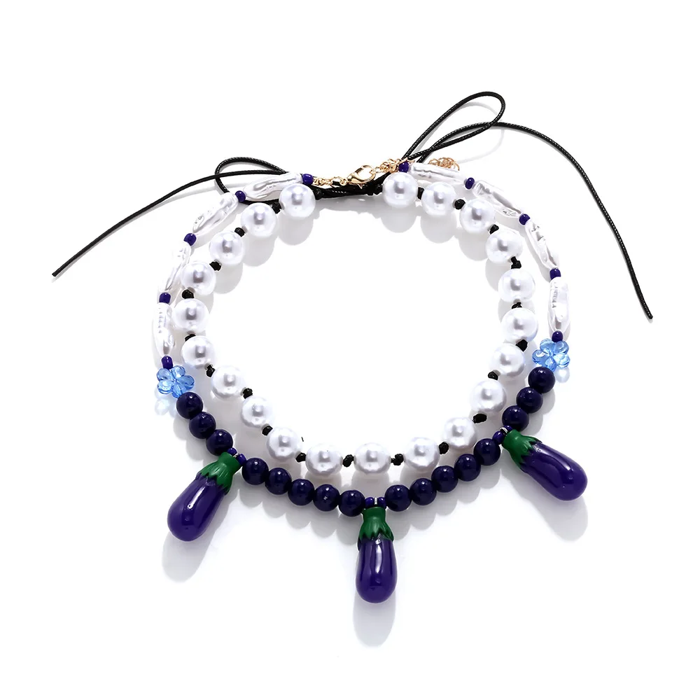 Stylish and fresh handmade string imitation pearl knotted vegetable eggplant pendant necklace summer cute stacked eggplant neckl