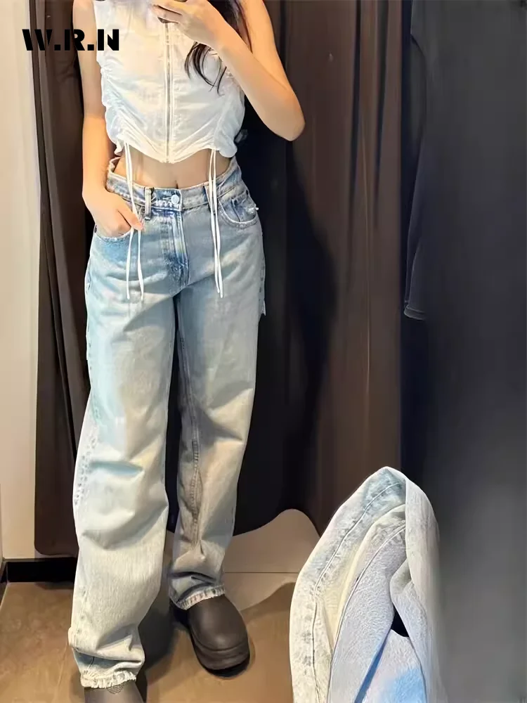 Women's Y2K Baggy Korean 2000s Denim Trouser Washed Vintage Casual Pants Female High Street Retro Patchwork Ripped Jeans