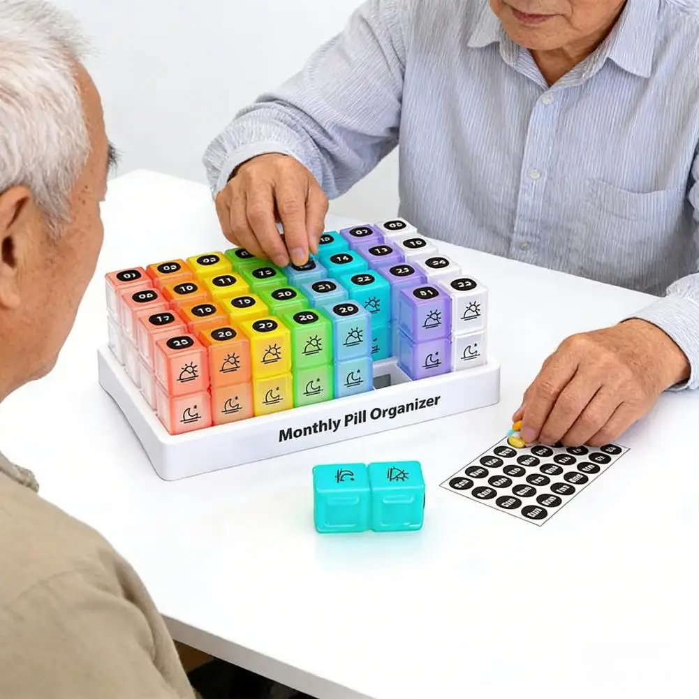 

Monthly Pill Organizer Vitamins Fish Oils Container,32 Grids Pills Container for Elderly Travel Medication Storage