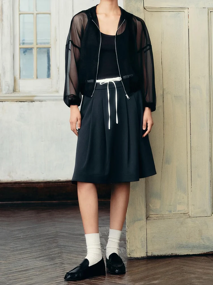 

Европейский и американский стиль, осенняя новая мода, повседневная трендовая женская одежда, черная полупрозрачная куртка с капюшоном на молнии