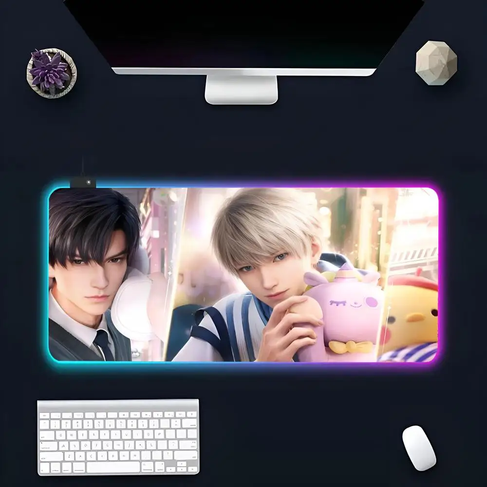 Anime L-Love and D-Deepspace MINISO Mouse Pad RGB Gaming Mousepad XXL Keyboard Pads Luminous Desk Mat Backlit Mousepads