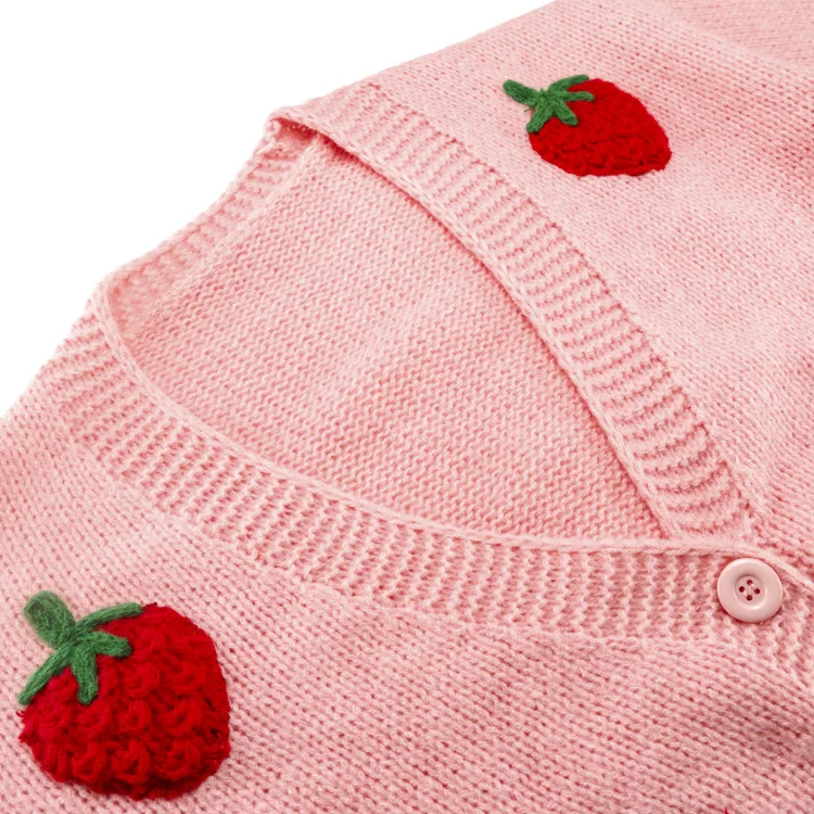 Elegant Cardigan Women Korean Fashion Vintage Strawberries Knit Sweaters Women Black Long Sleeve Top Knitted Button Up Pink Top