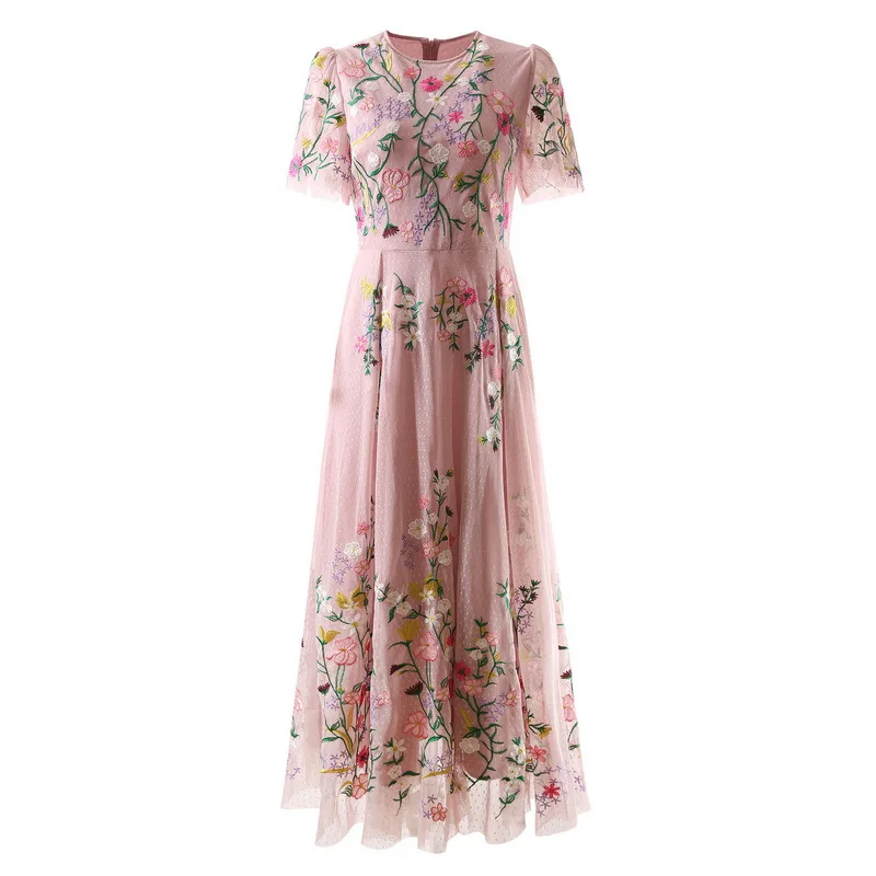 

European and American women's clothes 2023 spring new Round neck Short sleeve floral mesh embroidery in pink Fashion Dress XXL