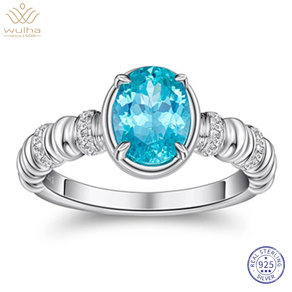 WUIHA 925 Sterling Silver 2.2 CT Oval Cut Paraiba Tourmaline High Carbon Diamond Gemstone Rings Fine Jewelry Anniversary Gifts