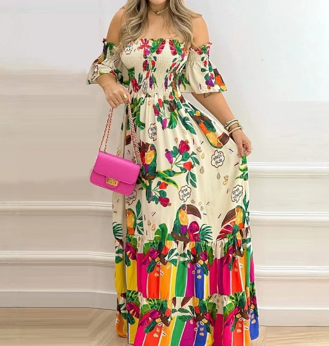 Women's Sweet Dress 2025 Spring/Summer New Edition Beige Printed Single Shoulder Dress Tie Dyeing Five Sleeve Long Dress