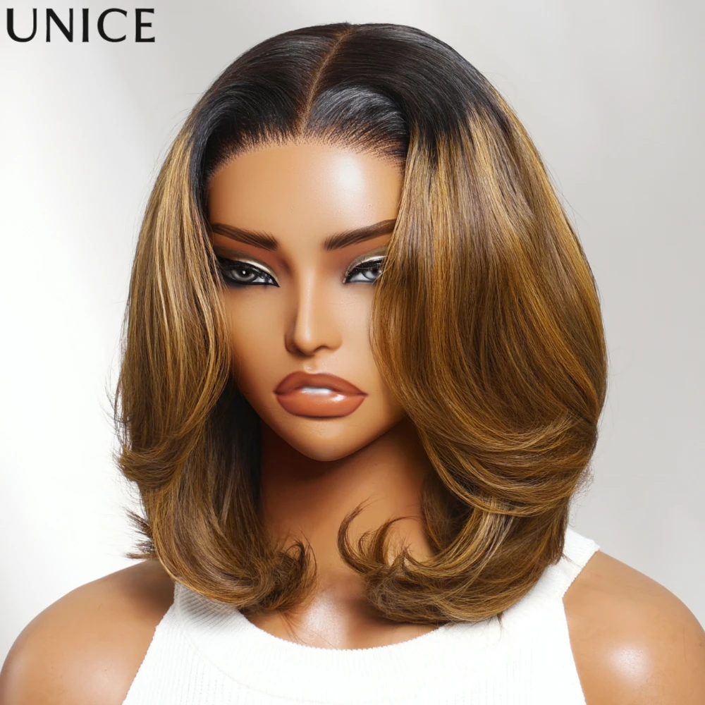 

UNice 7x5 Bye Bye Slip™ Brown With Blonde Piano Highlights Straight Bob Wig With Dark Roots 100% Human Hair Glueless Wig
