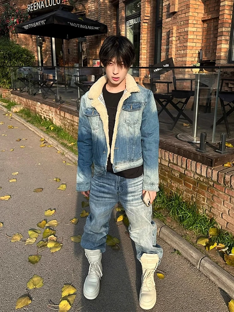 

Dert American Sle Denim Lamb Fur Jaet Men Winter Waed Patchwork Jaet Cotton ort Collar Cotton Clothes Coat