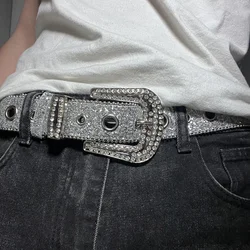 Unisex Silver bling Silver belt Rhinestones Studded Metal Pin Buckle PU Leather Belt Jeans Waistband for Men and Women