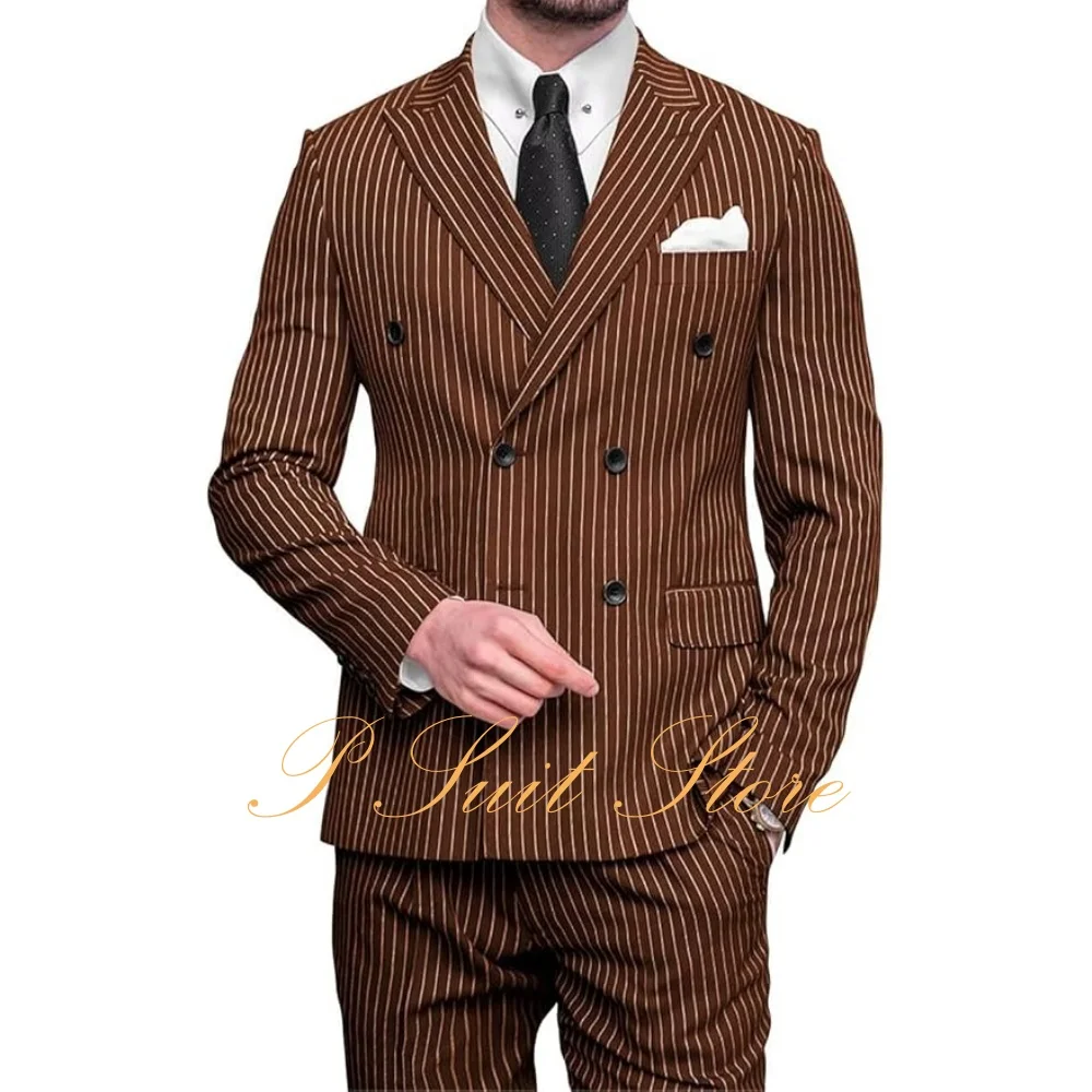 

Men's Pinstripe Suit Slim Fit 2 Piece Double-Breasted Blazer Pants Set for Business Wedding Prom