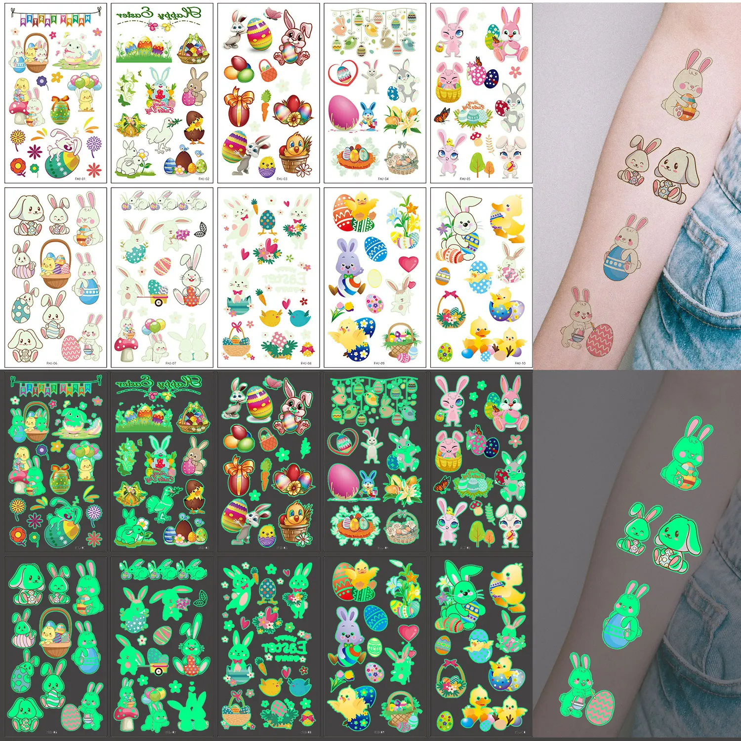 10Pcs(120 Patterns) Easter Cartoon Pattern Luminous Temporary Tattoo Stickers,Easter Day Gift Decoration Glow In The Dark Tattoo