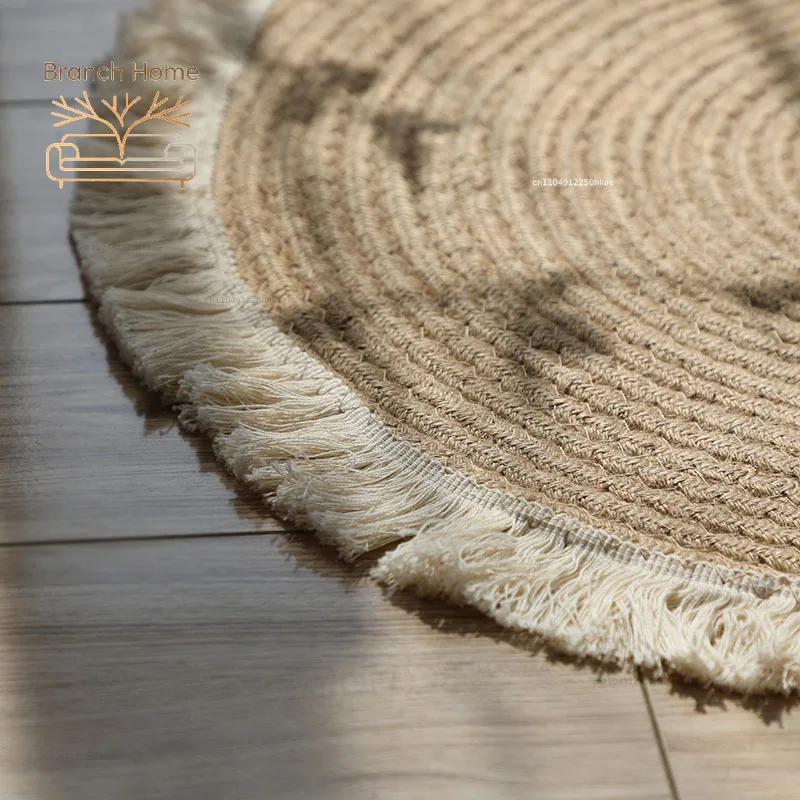 HeMu Round Woven Rugs Handmade Jute Rattan Carpet With Tassel for Bedroom Living Room Vintage Home Decor Floor Mats RoomDoor Mat