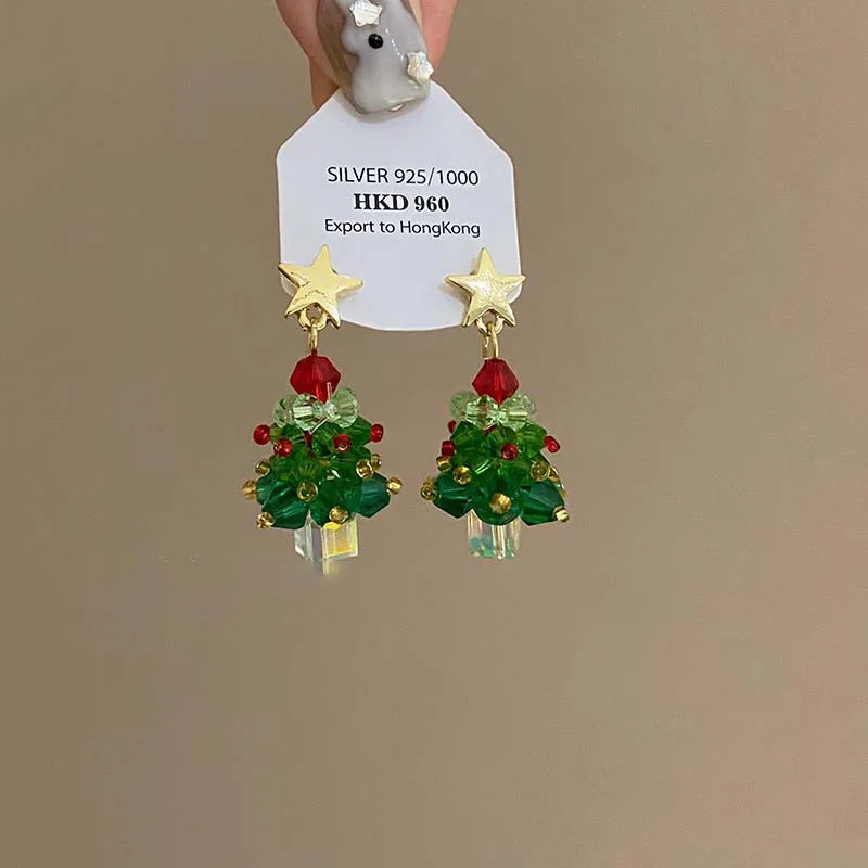 2024 Women Christmas Tree Earrings Small Fresh Imitation Crystal Beaded Silver Needle Stud Earrings Jewelry Girls Gifts Wholesal