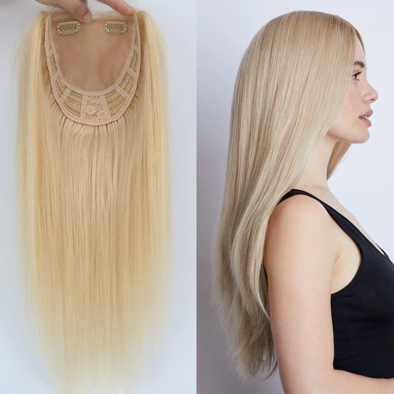 Real Remy Human Hair Closure Topper Silk Base Open Weft Light Blonde #613 Silk Top Soft Breathable for Women with Clips in