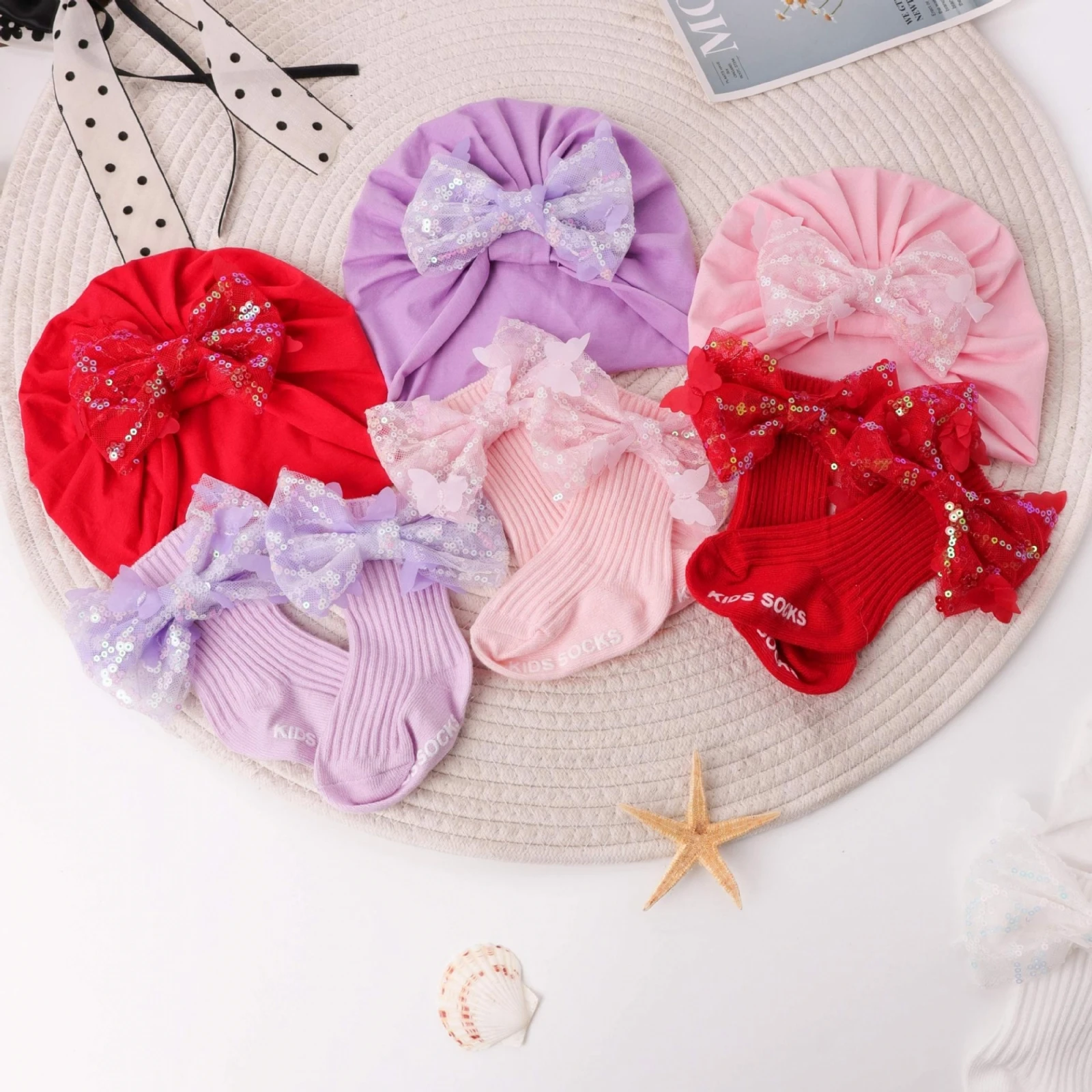 0-1Years Newborn Hat and Socks Sets, Sequined Bow Soft Casual Baby Girl Accessories