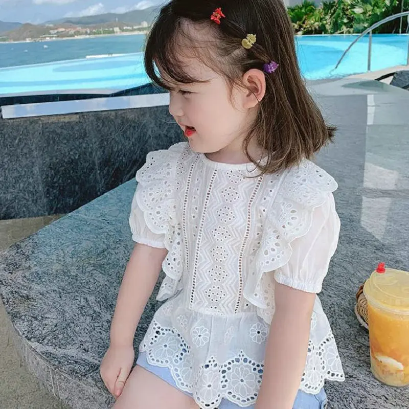 

Girls Top Lace Hollowed Out Breathable Shirt Tops 2023 Spring and Summer Clothes New Toddler Children Clothes for 3-8 Years Old