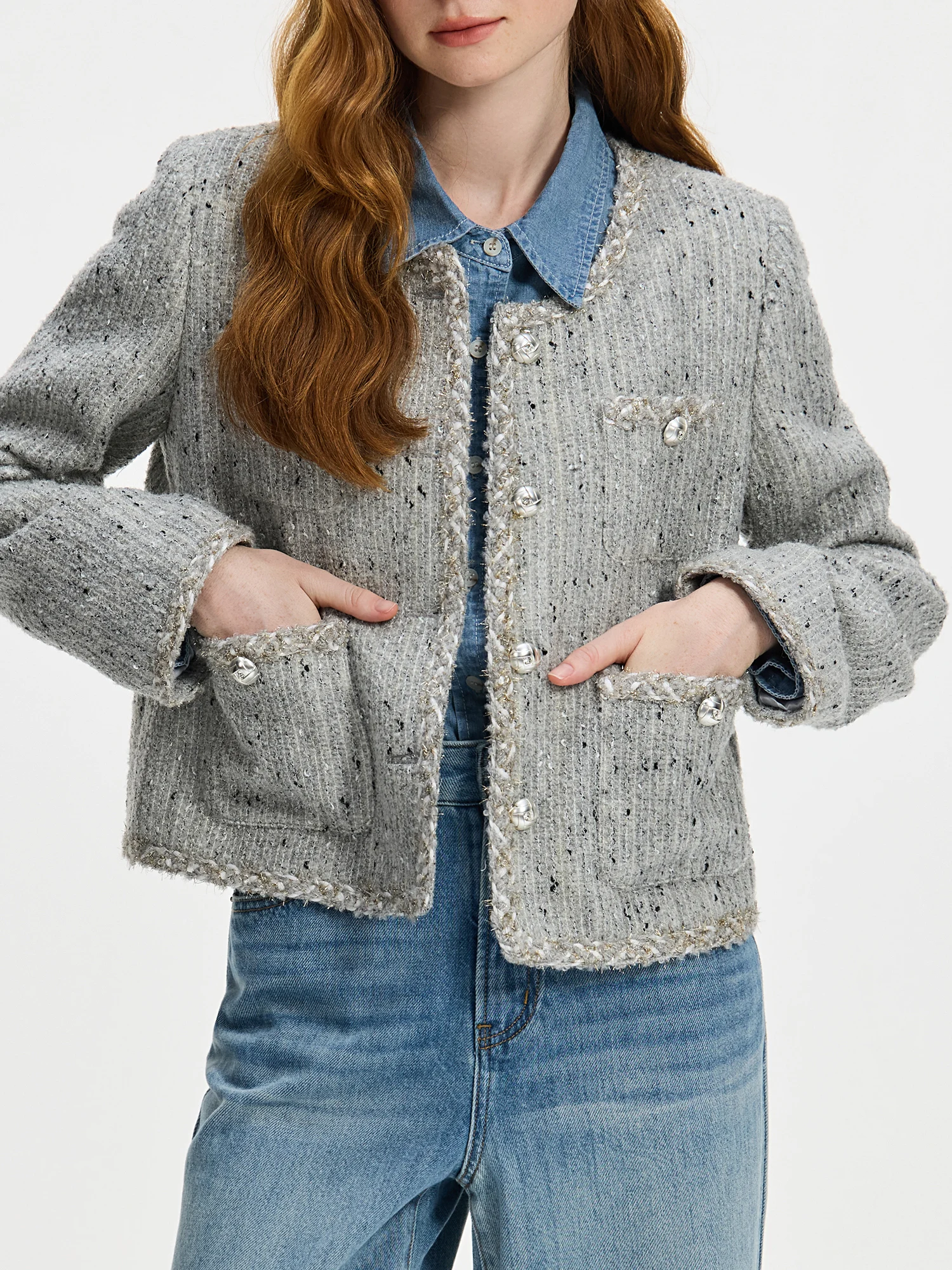 FSLE 33.3% Wool Women Grey Tweed Jacket Round Neck Temperament Short Coats Winter Thicken Wool Tweed Coats 24FS14422