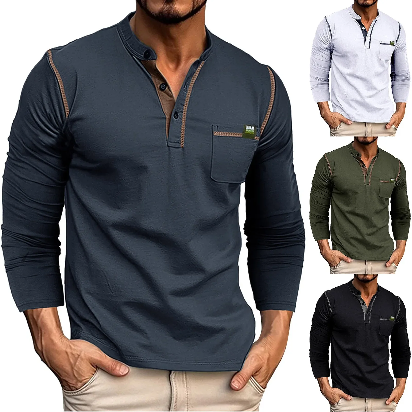 

2024 Mens Spring Summer Long Sleeve Solid Pockets Polo Shirts Letter Stripe Stitching Raglan Sleeve Tops Tees Pullover T-Shirts