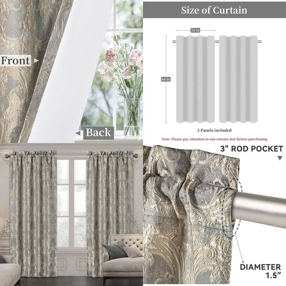 Eleganckie szare zaciemniające zasłony z damasku szenilowego z wiązaniami, z podszewką, do sypialni i salonu (2 panele, 132 x 213 cm)