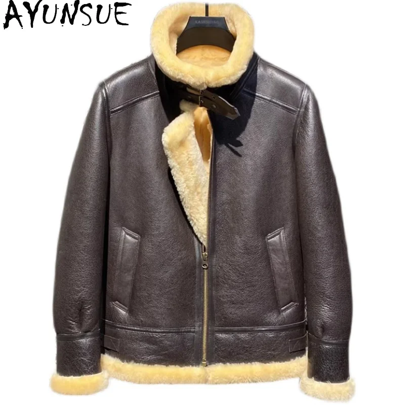 

AYUNSUE теплая шуба из натурального меха, мужская одежда, зимняя одежда высокого качества, куртка из 100% натуральной овчины, мужские шубы, мотоциклетные