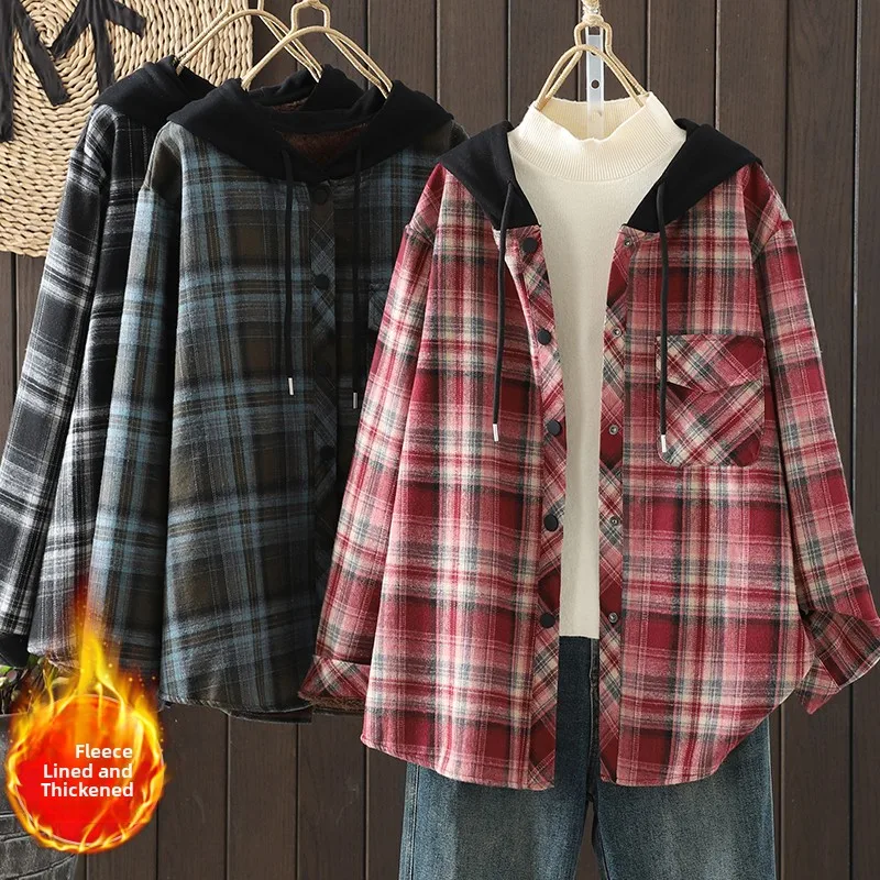 

Retro Hong Kong Style Thickened Hooded Color Block Plaid Fleece Lined Shirt Jacket Good Quality Women's Loose Fit Long Sleeve