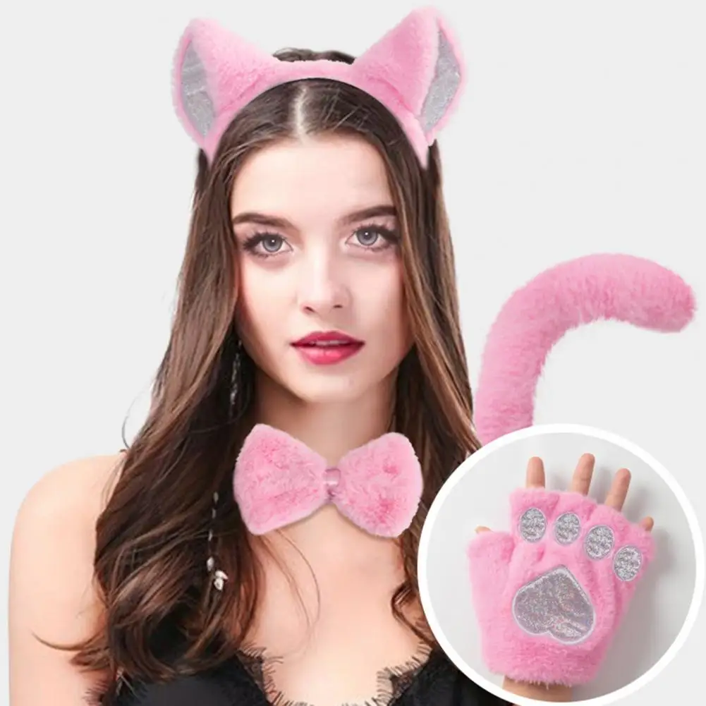 1 Set Cosplay Cat Glove Set With Bow Tie Tail And Headband Plush Halloween Performance Prop Comic Expos Photoshoots Accessories