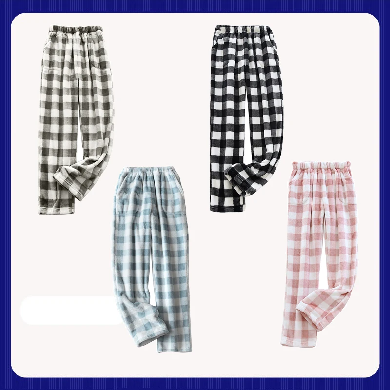 Thickened Warm Pajama Pants Woman Autumn and Winter Pajama Pants Plush Sleep Pants Soft Elastic Waist Plaid Pants Comfortable