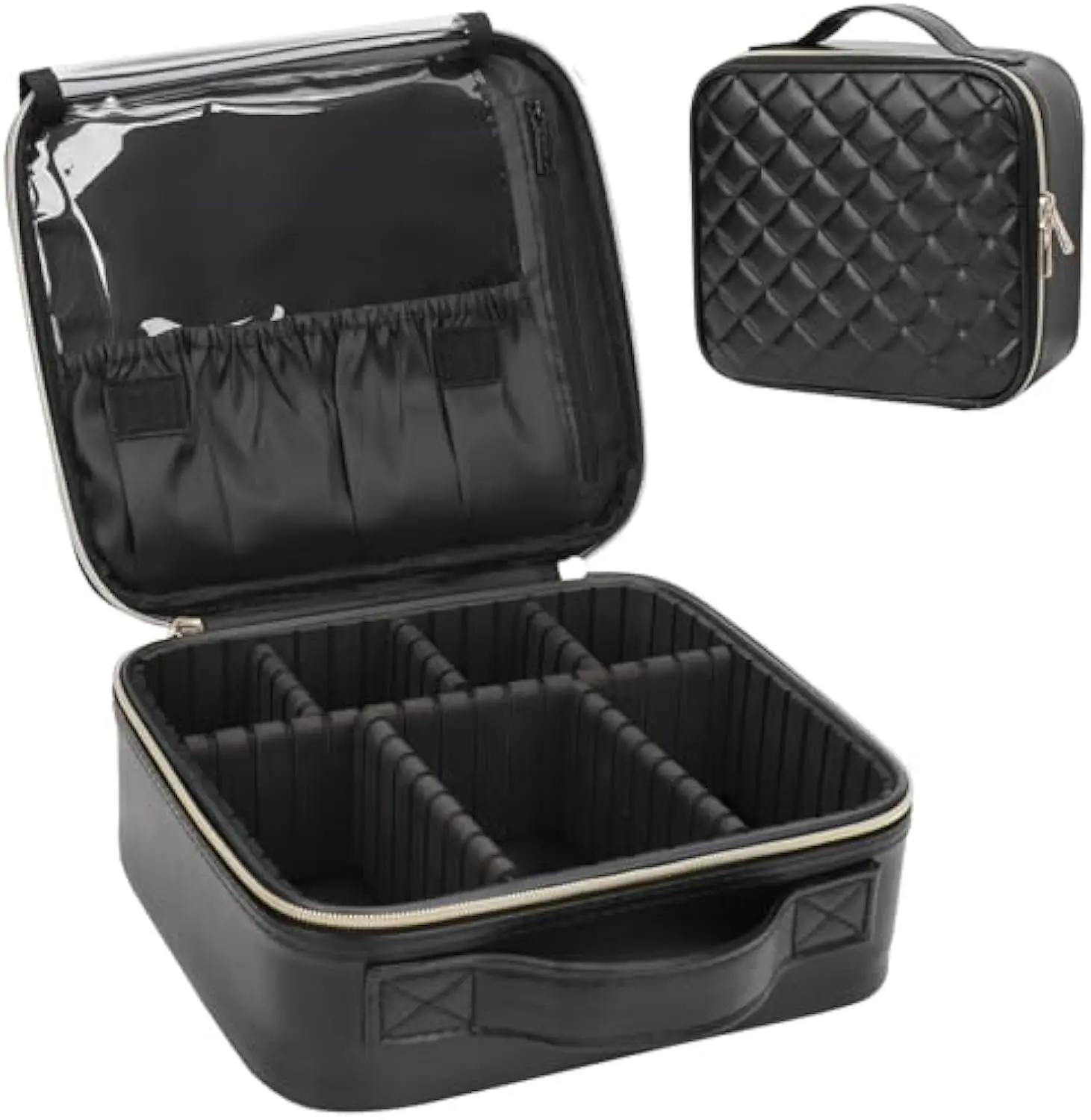 

PU Leather Makeup Bag Travel Case for Cosmetics Portable Beauty Organize With Adjustable Dividers For Make Up and Brushes Black