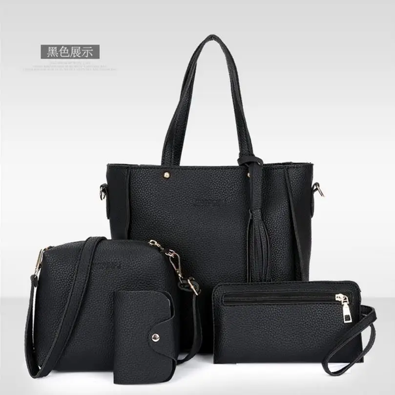 New 2024New Large Capacity Lychee Pattern Handbags Women's European and American Retro Fashion Tassel Four-Piece Women's Bag