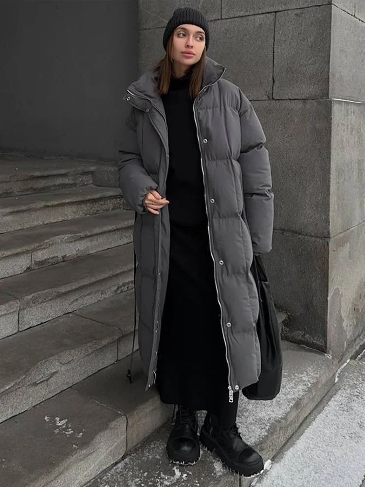 Lace Up Outwear Female Winter Chic High Streetwear Warm Stand Neck Cotton Long Coats Women Elegant Single Breasted Zipper Belt