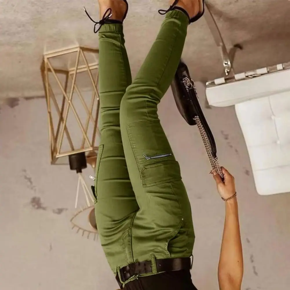 

Spring Autumn Slim Woman Pencil Pants Women Leg Shaping Cargo Pants Pure Color Trousers Multi Pockets Elastic Cuffs Long Pants