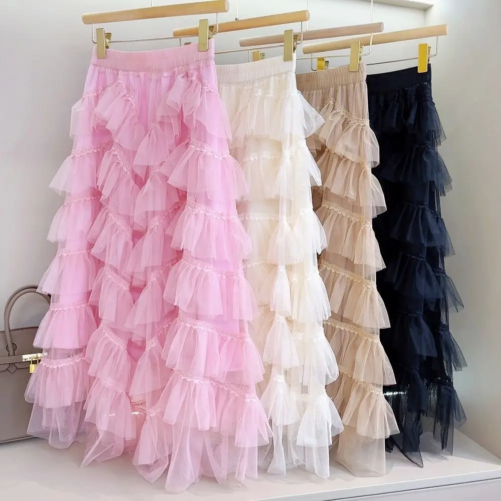 Summer Elegant Solid Color Gauze Cake Skirt Y2K Ruffles Fluffy Skirt High Waist Umbrella Long Skirt French Dress Streetwear